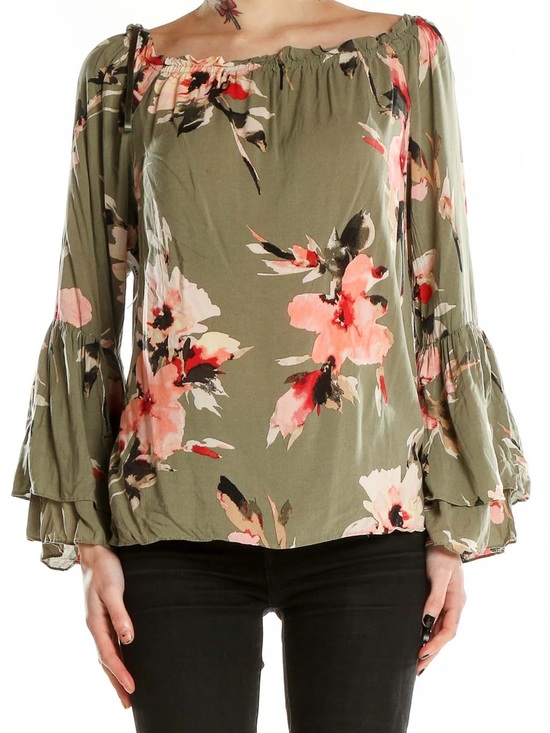 White House Black Market Tops - WHBM Olive Green Floral Off-Shoulder Blouse Tiered Flared Sleeves Sz S (T4)